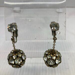 Vtg 1960 ball brass crystal rhinestone wedding bridal dangle earrings
